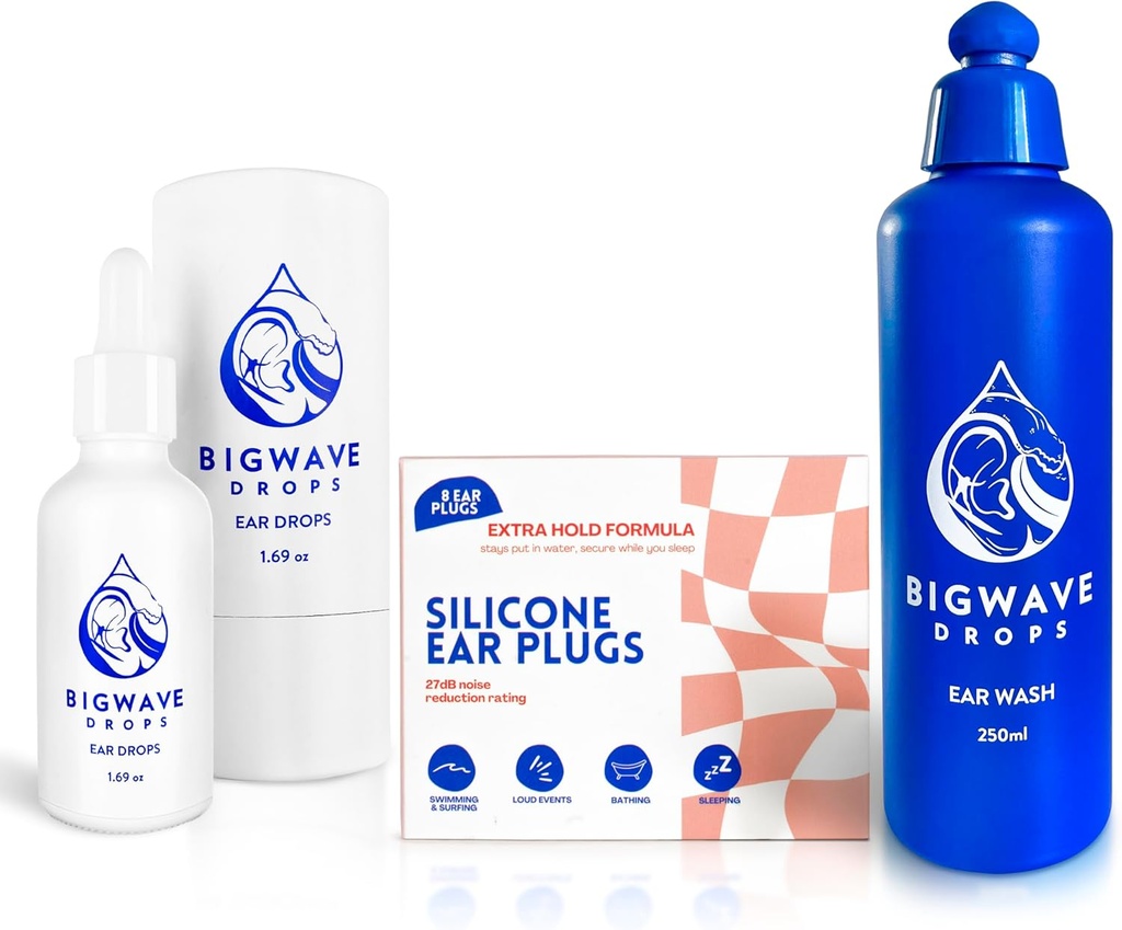 Ear Care Bundle - Περιλαμβάνει Αυτικές σταγόνες, Πλύσιμο αυτιών & Silicone Ear Plugs - για Κολυμβητές, Αθλητές, Δύτες, Ταξιδιώτες - Προϊόντα Αυτικής Φροντίδας για Άνδρες, Γυναίκες, Παιδιά & Ενήλικες - Best Swimmer Gift