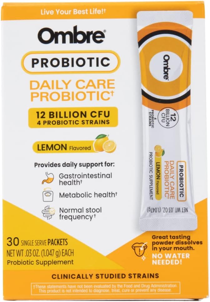 Ombre Daily Care Probiotic Powder - Πρεβιοτικά και Προβιοτικά για γυναίκες, άνδρες, & παιδιά - Γρήγορη Διάλυση Powder Προάγει Digestive Υγεία & Συνολική Ευεξία - 12 Δισεκατομμύρια CFU - Λεμόνι Γεύση, 30 Πακέτα