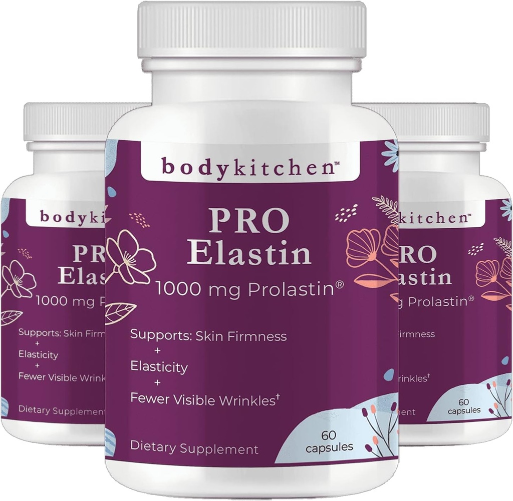 Body Kitchen Pro-Elastin 1000 mg Συμπλήρωμα ελαστίνης, Μείωση Σημάδια γήρανσης, Βελτιωμένη Υγεία του δέρματος, Στερεότητα & Ελαστικότητα, Λιγότερες ρυτίδες, Καπάκια λαχανικών (Συσκευασία 3)