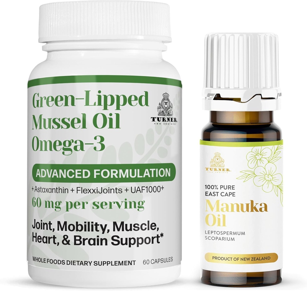TURNER Yeni Zelanda Omega-3 Green Lipped Mussel Oil, Üstün Ortak Konfor ve Hareketlilik için 53x Yüksek Potency, No Fishy Aftertaste, 1 Şişe, 60 Softgels Plus 1 Manuka Oil