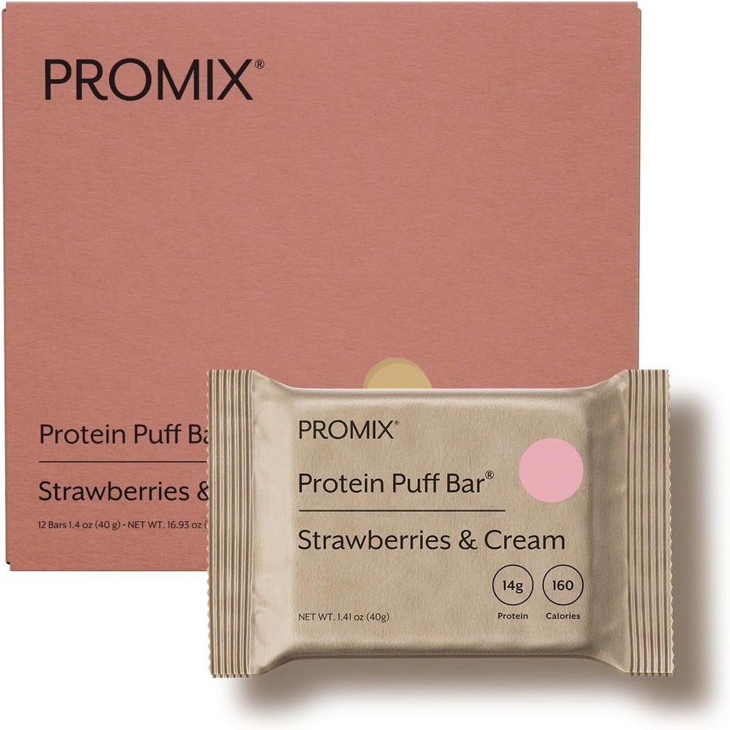 ProMix Beslenme Whey proteini Puff Bar, Low Carb, Egg Whites ile Sağlıklı Atı - Çim,Gluten Free, Low Sugar, Soy Free (Strawberries & Cream) - 12 Bars