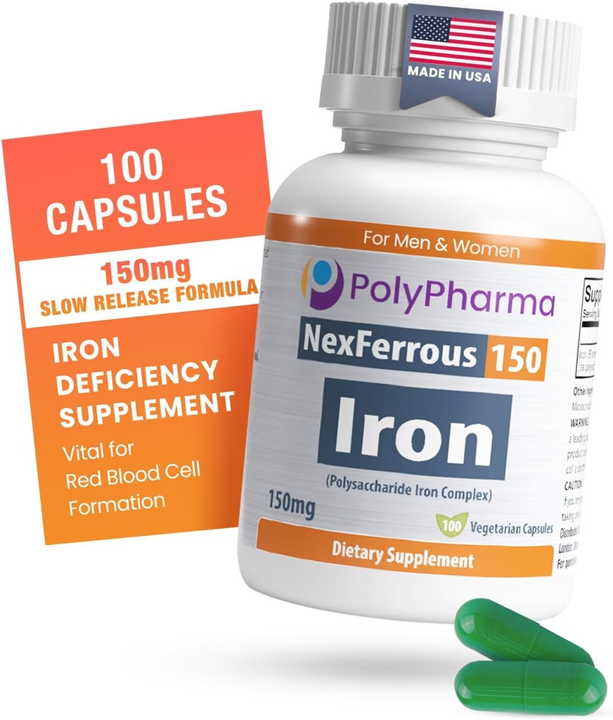 Polysaccharide Demir Kompleksi Anemi Desteği için 150 mg - Demir Eksikliği Önleme ve Tedavi, Red Blood Hücreleri Formasyon, Stomach, High Potency, USA- Made, 100 Capsules