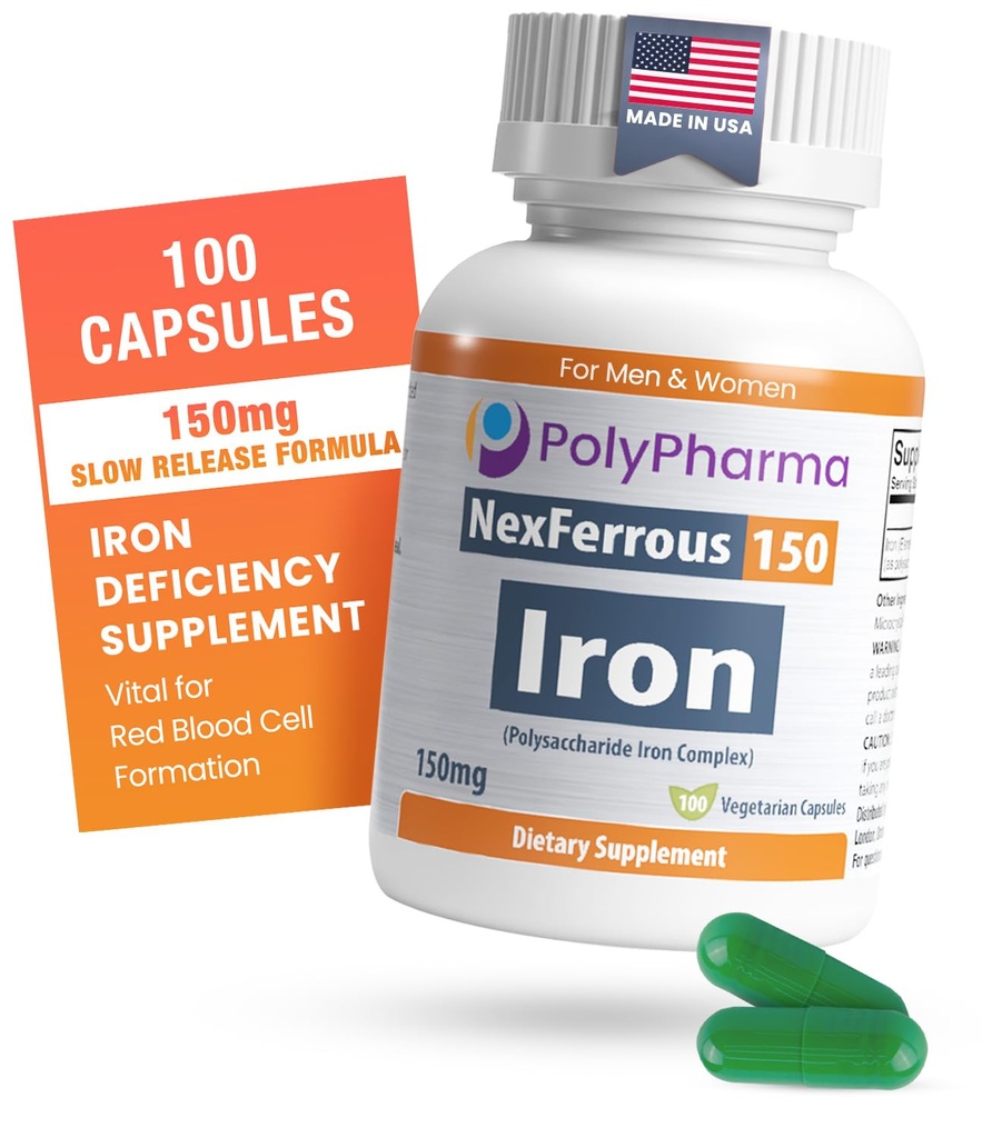 Polysaccharide Demir Kompleksi Anemi Desteği için 150 mg - Demir Eksikliği Önleme ve Tedavi, Red Blood Hücreleri Formasyon, Stomach, High Potency, USA- Made, 100 Capsules