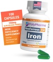 Polysaccharide Demir Kompleksi Anemi Desteği için 150 mg - Demir Eksikliği Önleme ve Tedavi, Red Blood Hücreleri Formasyon, Stomach, High Potency, USA- Made, 100 Capsules