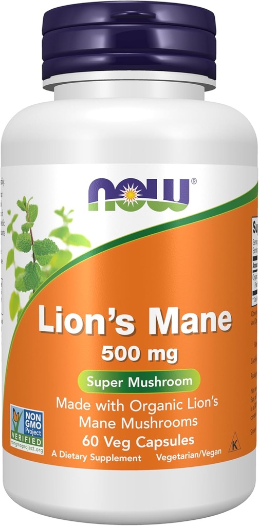 NOW Συμπληρώματα Τροφίμων, Mane 500 mg Lion, Super Mushroom, Made with Organic Lion's Mane Μανιτάρια, 60 κάψουλες Veg