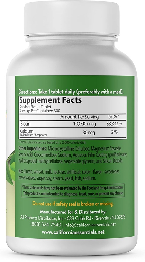California Essentials Biotin 1000006 | Vitamin B7 Sağlıklı Cilt, Saç ve Çiçek Büyüme | Erkekler ve Kadınlar için Yüksek Potency Diyet Tamam, Vegan, Gluten & Dairy Free (300 Tablet)