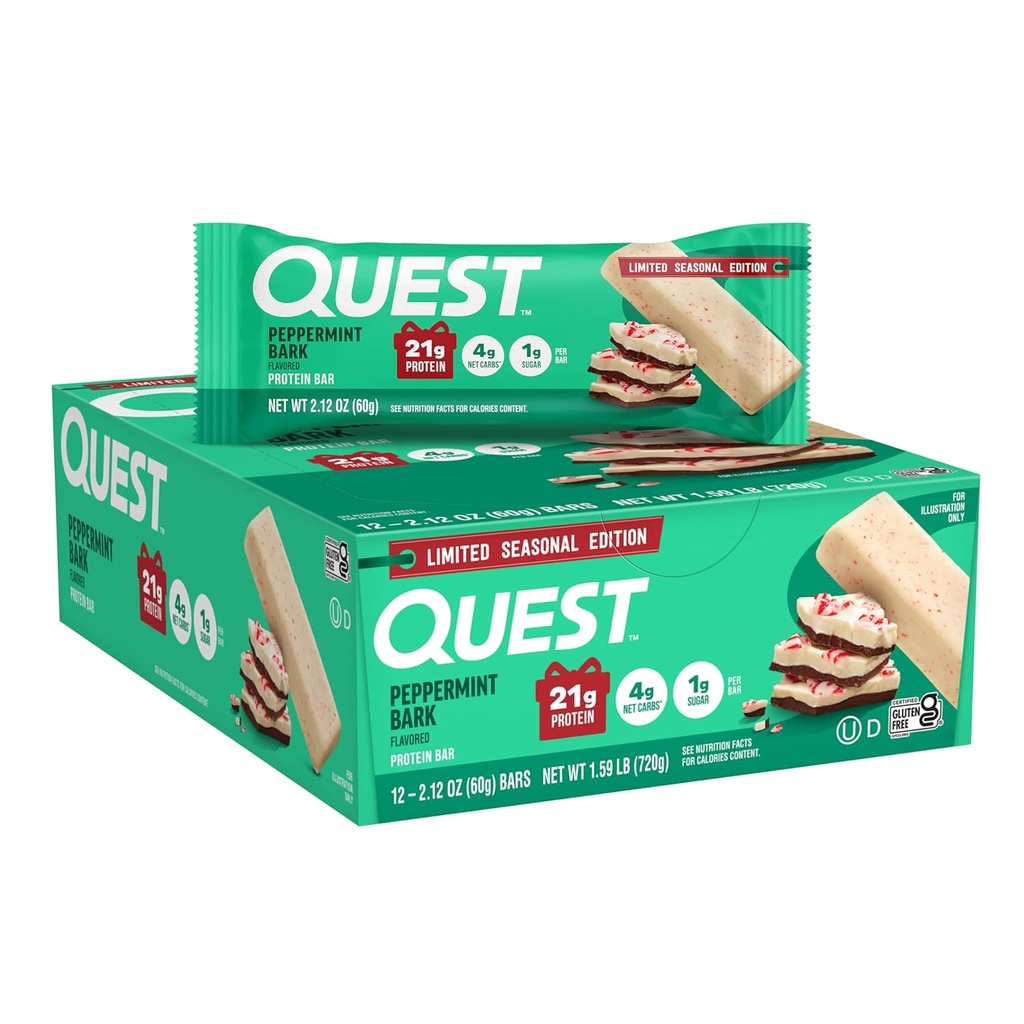 Quest Nutrition Peppermint Bar, 21g πρωτεΐνη, 4g καθαρό υδατάνθρακες, 1g ζάχαρη, χωρίς γλουτένη, 12 μέτρα