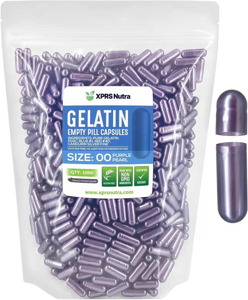 XPRS Nutra Boyutu 00 Boş Kapsüller - 1000 Kont Boş Gelatin Capsules - Pills DIY Capsule - Kullanılabilir Pill Gel Caps for DIY Supplements (Purple Pearl)