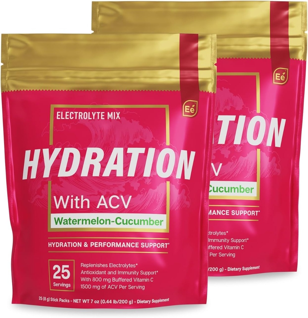 Essential Elements Hydration Packets - Watermelon Cucumber - Elektrolytes Toz No Sugar - Electrolyte Drink Mix - ACV & Vitamin C - 50 Stick Packs -