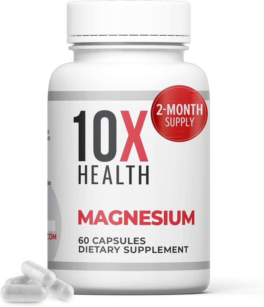 10X Health Magnesium Supplements - High-Absorption Magnesium Citrate for Sleep, Muscle & Nerve Support, Cardiovascular & Heart Health - 60 Capsules