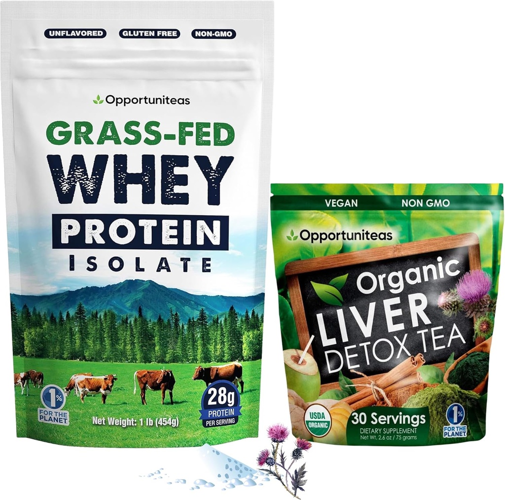 Opportuniteas Grass Fed Unflavored Whey Protein & Liver Detox Matcha Tea - Support Your Muscles While Cleansing Your Liver - Bundle
