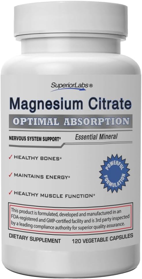 Superior Labs Μαγνήσιο Citrate 200mg, Υψηλή Απορρόφηση, Μη-ΓΤΟ, Πρόσθετη-ελεύθερο & χωρίς γλουτένη, Προάγει τον ήρεμο ύπνο, Ανακουφίζει τους μυς Cramps & Twitches, Υποστηρίζει την ανακούφιση δυσκοιλιότητα, 120 Veg Caps