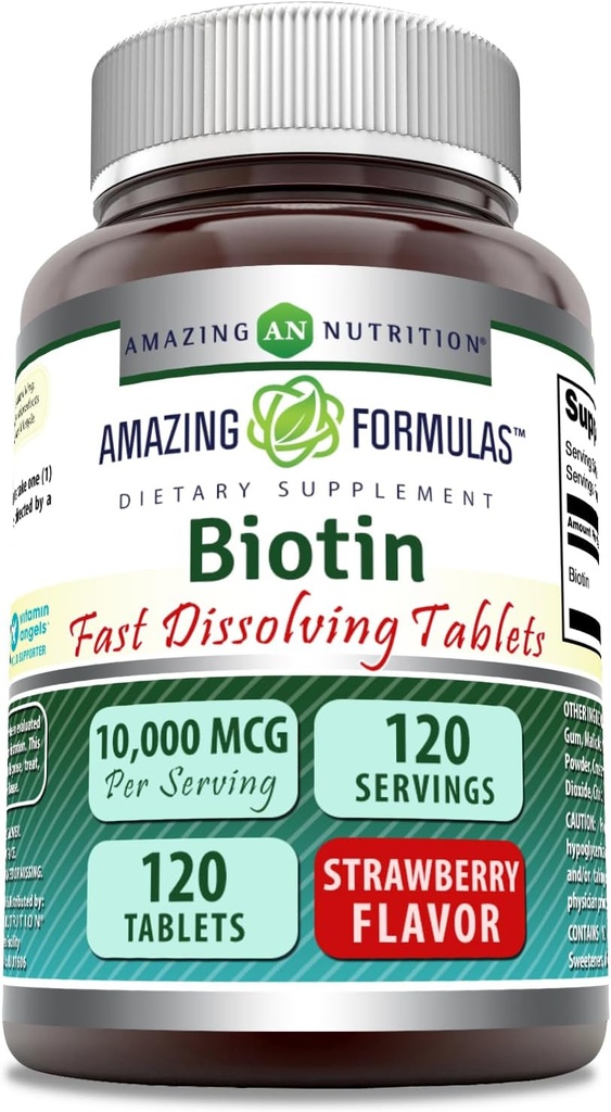 Amazing Formulas Biotin Fast Dissolve 10000 Mcg Tabletleri Tamam | Strawberry Flavor | Vitamin B7 | Non-GMO | Gluten Free | Made in USA (120 Count)