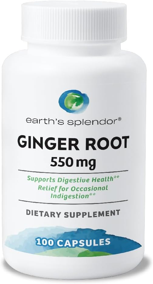 Earth's Splendor Ginger Root 550 mg Supplement for Men & Women, Supports Digestive Health, No Artificial Color or Preservatives (550 mg, 100 Capsules)