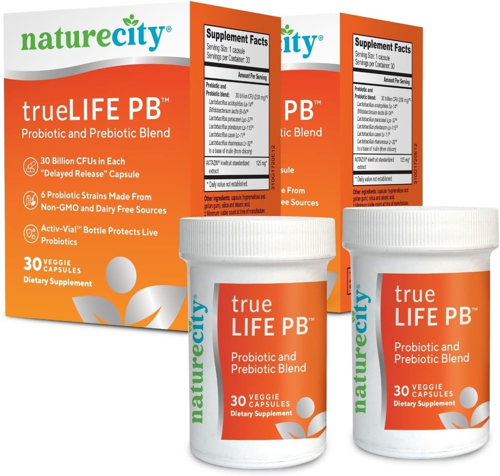 NatureCity True-Life-PB Shelf Stable Blend Prebiotics and Probiotics for Women and Men - Digestive Gut Health Supplements for Women and Men - Dairy Free - (60 Veggie Capsules)