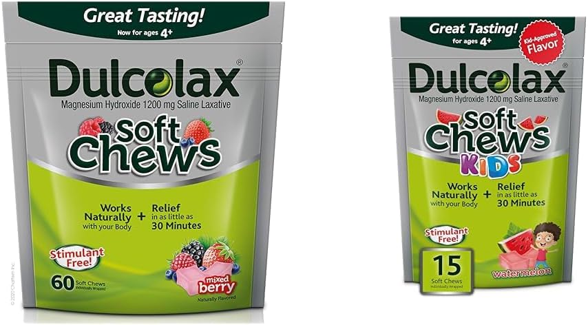 Dulcolax Soft Chews Αλουμινόχαρτο Laxative Mixed Berry (60ct) Απαλή δυσκοιλιότητα Ανακούφιση & Παιδιά Soft Chews Αλάτι Laxative Watermelon Gentle Constipation Relief, Μαγνήσιο