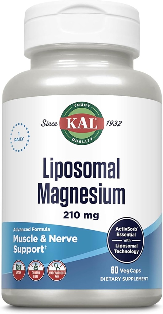 KAL Liposomal Magnezyum Oksit 210 mg High Abvitamin, Liposomal Teknolojisi, Essentials Kas Desteği, Gelişmiş Formula, Vegan Capsules, Gluten Free, No Soy, 60 Hizmetler