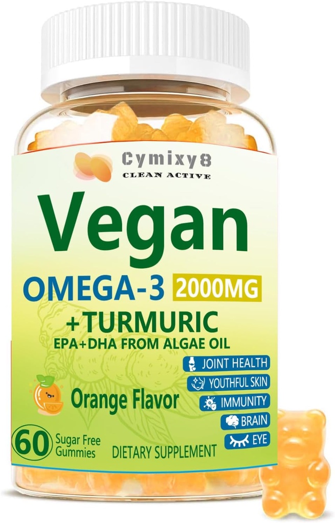 Vegan Omega 3 & Turmeric Gummies 2500 mg, Algae Omega 3 DHA 800 mg&EPA 400 mg, MSM, Vitamin D3, Turmeric Root Extract, Eye, Joint, Fish Oil Supplements Alternative, Sugar Free