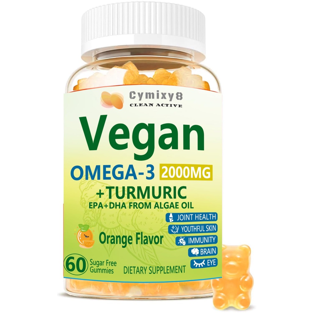 Vegan Omega 3 & Turmeric Gummies 2500mg, Algae Omega 3 DHA 800mg&EPA 400mg, with MSM, Vitamin D3, Turmeric Root Extract for Brain, Eye, Joint, Fish Oil Supplements Alternative, Sugar Free