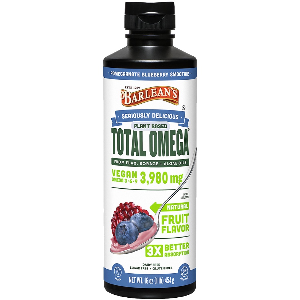 Barlean'ın Sıvı Flaxseed, Borage ve Algae Oils Omega 3 Supplement, Pomegranate Blueberry Flavor, Vegan EPA ve DHA, Flax ve Borage Seed Oil 3,980 mg of Omega-3-6-9, 16 ozzz