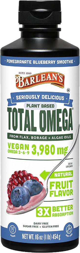 Barlean'ın Sıvı Flaxseed, Borage ve Algae Oils Omega 3 Supplement, Pomegranate Blueberry Flavor, Vegan EPA ve DHA, Flax ve Borage Seed Oil 3,980 mg of Omega-3-6-9, 16 ozzz