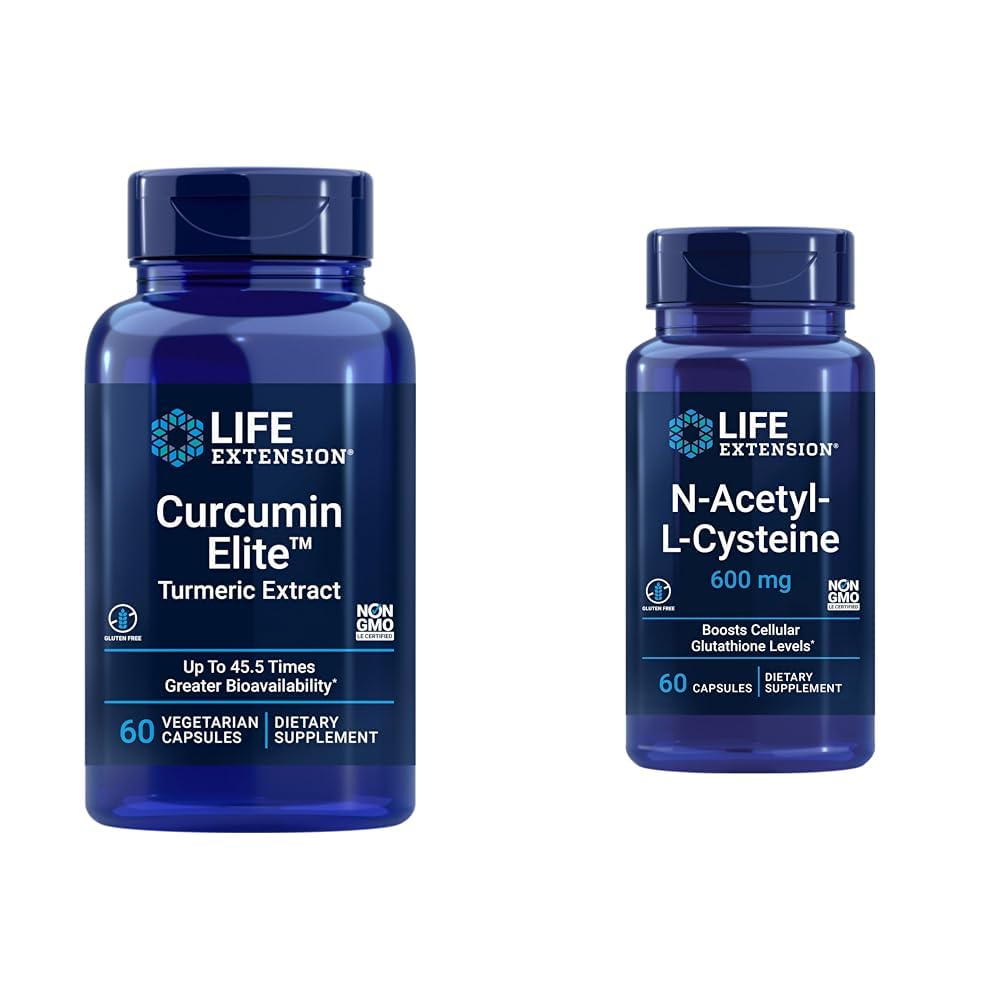 Life Extension Curcumin Elite Turmeric Extract & N-Acetyl-L-Cysteine (NAC), Immune, Respiratory, Liver Health, NAC 600 mg, Potent antioksidan Destek, Free-radicals, 60 Capsulesorb, 60 Capsules