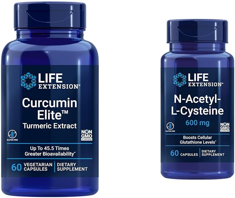 Life Extension Curcumin Elite Turmeric Extract & N-Acetyl-L-Cysteine (NAC), Immune, Respiratory, Liver Health, NAC 600 mg, Potent antioksidan Destek, Free-radicals, 60 Capsulesorb, 60 Capsules