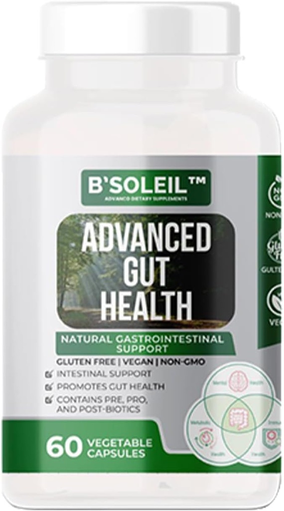 B'SoleilTM Advanced Gut Health Probiyotik - Pre, Pro & Post Biotics - Doğal Gastrointestinal Destek - 60 Sebze Capsules - Gluten Free, Vegan & Non-GMO Real Health Probiyotikleri - 25 Milyar CFU