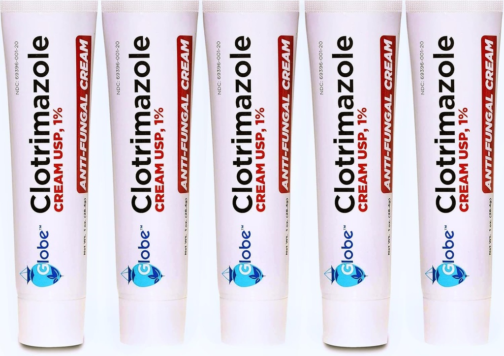 (5 συσκευασία) Globe Clotrimazole Αντιμυκητιασική Κρέμα 1% (1 oz) Ανακουφίζει από τον κνησμό, το κάψιμο, το crackingγισμα και την κλιμάκωση που σχετίζονται με μυκητιασικές λοιμώξεις 