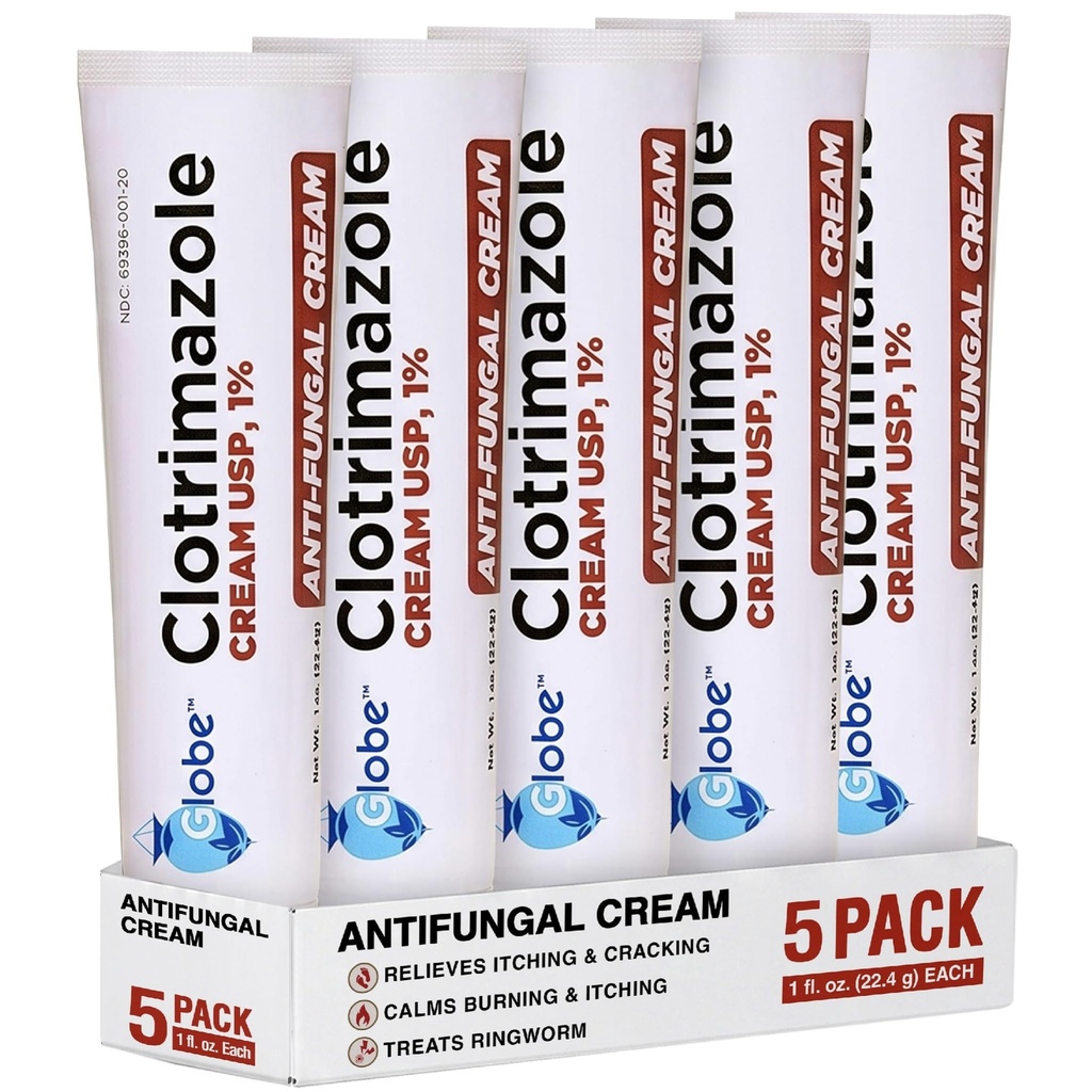 (5 συσκευασία) Globe Clotrimazole Αντιμυκητιασική Κρέμα 1% (1 oz) Ανακουφίζει από τον κνησμό, το κάψιμο, το crackingγισμα και την κλιμάκωση που σχετίζονται με μυκητιασικές λοιμώξεις 