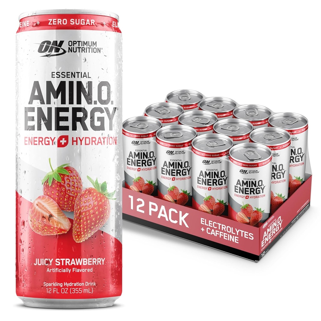 Optimum Beslenme Amino Enerji Koling Hydration Drink, Electrolytes, Caffeine, Amino Asits, BCAAs, Sugar Free, Juicy Strawberry, 12 Fl Oz, 12 Pack (Pazar Mayıs Vary)