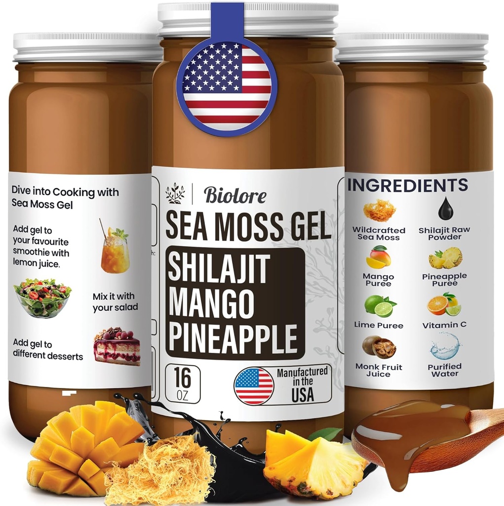 Biolore Wildcrafted Sea Moss Gel ile Shilajit - Mango Pineapple 16 oz - Essentials & Trace Minerals - Vegan Superfood - ABD'de Made, Gluten-Free, Nodrew Sugar