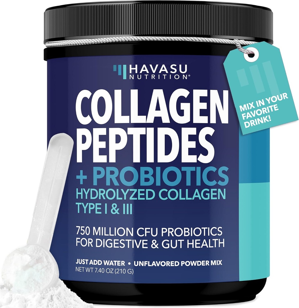 Κολαγόνο Peptides σκόνη με προβιοτικά - Grass-Fed Hydrolyzed Type I & III για το δέρμα των μαλλιών και την υγεία των νυχιών - GLP-1 Διατροφική υποστήριξη για την πέψη - Easy-to-Mix, Unflaved, 1-Month Supply