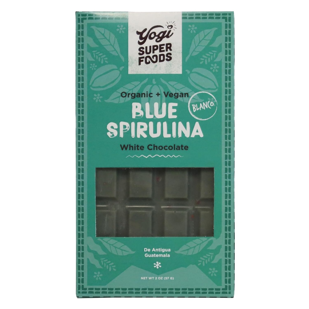 Yogi Super Foods Vegan White Chocolate Blue Spirulina Bar, Healthy & Organic for Energy Boost κατασκευασμένο από Raw Cacao Butter, Χωρίς γλουτένη Βρώμη, Γλυκασμένη με ζάχαρη Panela, Macadamia Nuts - 1 Bar