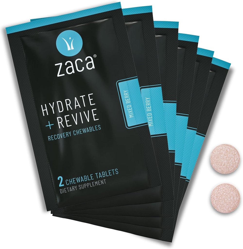 Zaca Recovery Chewable Supplement | Hydrate + Revive | Parti, Seyahat, Egzersiz ve Altitude | Sugar Free & Gluten Free | Karma Berry, 6 Packets = 12 Tabletler