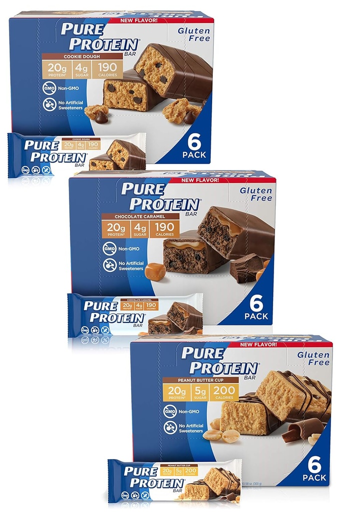 Pure protein Bars, Yüksek Protein, Nutritious Snacks to Support Energy, Low Sugar, Gluten Free, Guilt Free Diversity Pack (Cookie Dough/Choc Caramel/Peanut Butter Cup), 1.76 oz, 18