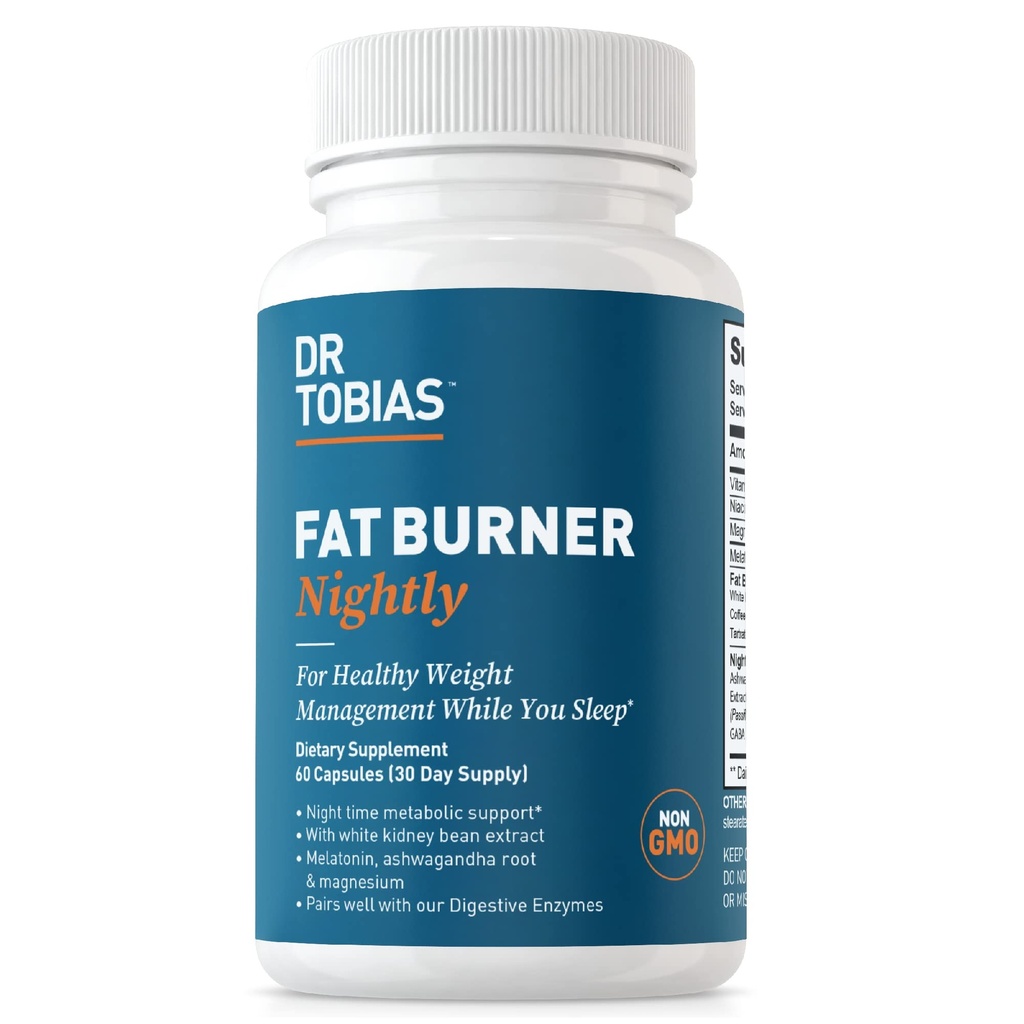 Dr. Tobias Fat Burner Nightly, Night Time Μεταβολική υποστήριξη με το εκχύλισμα λευκού νεφρικού φασολιού, Ashwagandha Root, Green Coffee Bean Extract & Melatonin, Non-GMO, 60 κάψουλες (30 ημέρες προσφοράς)