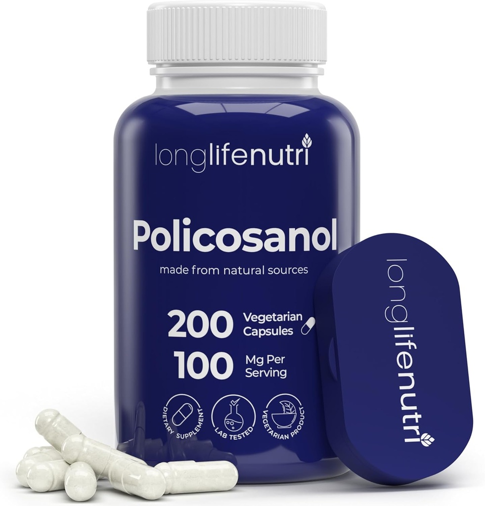LongLifeNutri Policosanol 100 mg - 200 Vegetarian Capsules, Natural Sugar Cane Supplement for Balanced Cholesterol, 3-Month Supply, Non-GMO, Lab Tested, USA