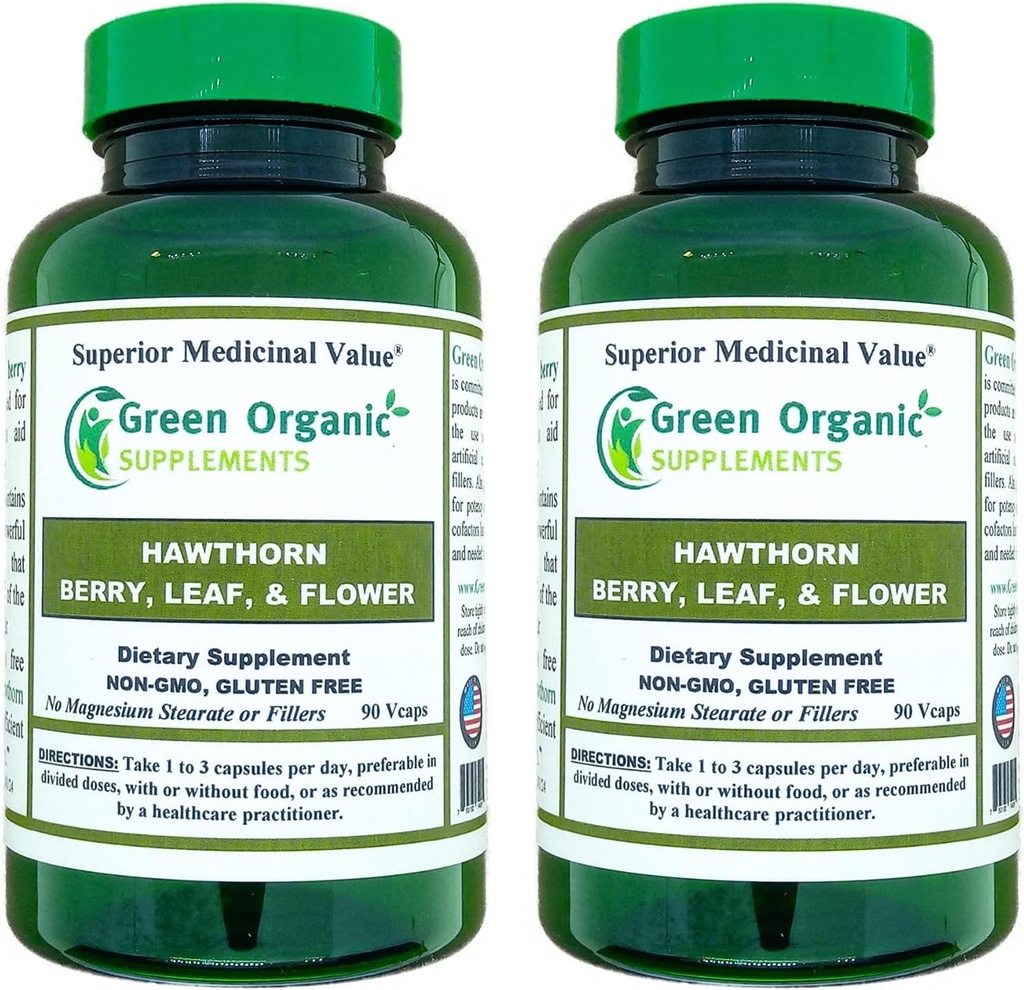Green Organic Supplements Hawthorn Berry Capsules, Leaf, Flower, Hawthorn Supplements 90 Capsules, Natural Hawthorn Herbs for Cardiovascular Health & Natural Heart Care (Pack of 2)