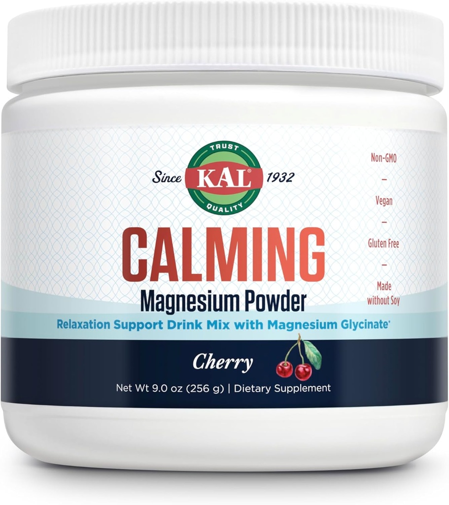KAL Calming Magnezyum Toz - Cherry Flavor Supplement Magnezyum - Yüksek Absorpsiyon, Rahatlama Desteği, Eklenmedi Şeker, Vegan, Gluten Free, Made Without Soy - 40 Hizmet, 9 ozzz