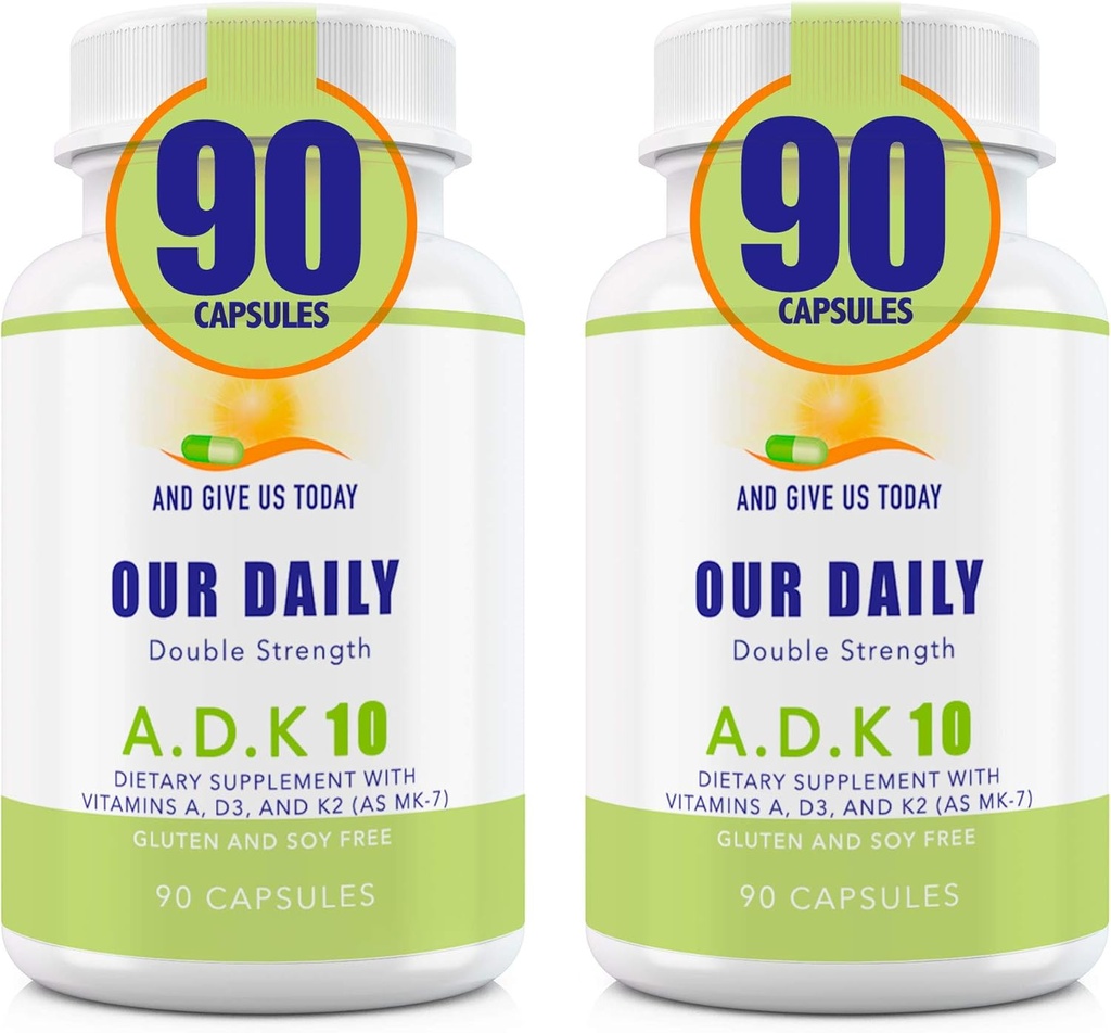 Günlük Vites ADK 10 Çift Güç (10.000 iu) Vitaminleri A1, D3 & K2 ( MK7) - Doktor Formula ve Immune Sistem Desteği - Gluten Free, Non GMO - 180 Vegetarian Capsules