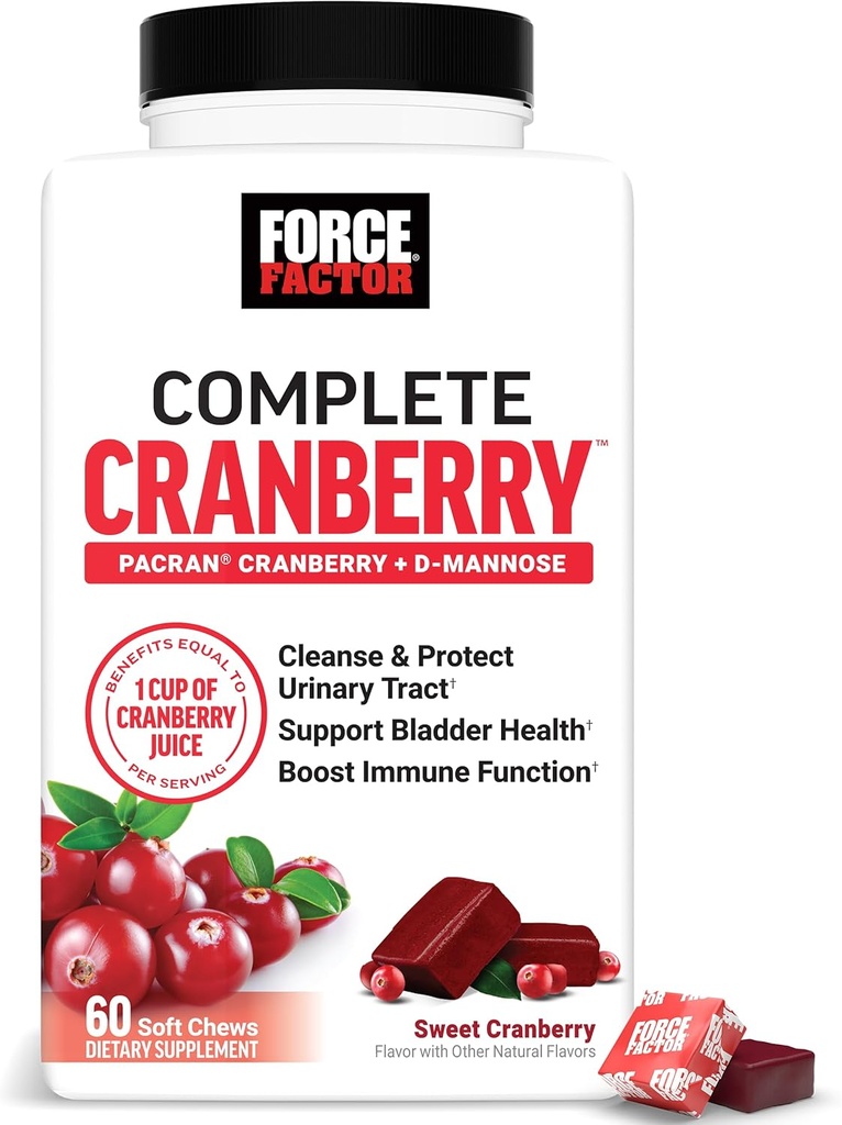 FORCE FACTOR Cranberry Soft Chews, Cranberry Supplement with D Mannose and Cranberry Extract to Support Bladder and Urinary Tract Health for Women, Vegan, Sweet Cranberry Flavor, 60 Soft Chews