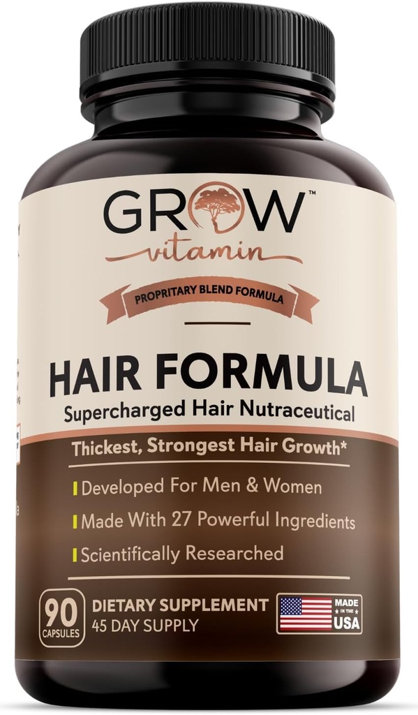 grow vitamin All in One Hair Formula for Men & Women - Advanced Hair Formula Includes Biotin, Saw Palmetto, DHT Blocker & Trace Minerals - Hair Supplement for Hair, Skin & Nails - 90 Capsules