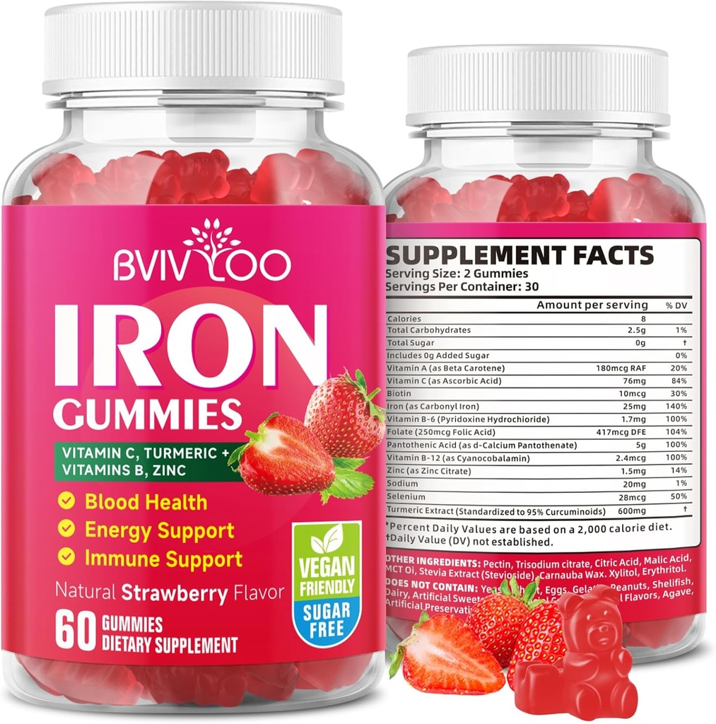 Vegan ve Çocuklar için Vegan Demir Gummies - C vitamini, A, B-Complex, Folate, çinko ve Biotin - Blood Building & Energy Support için, 60 Gummies