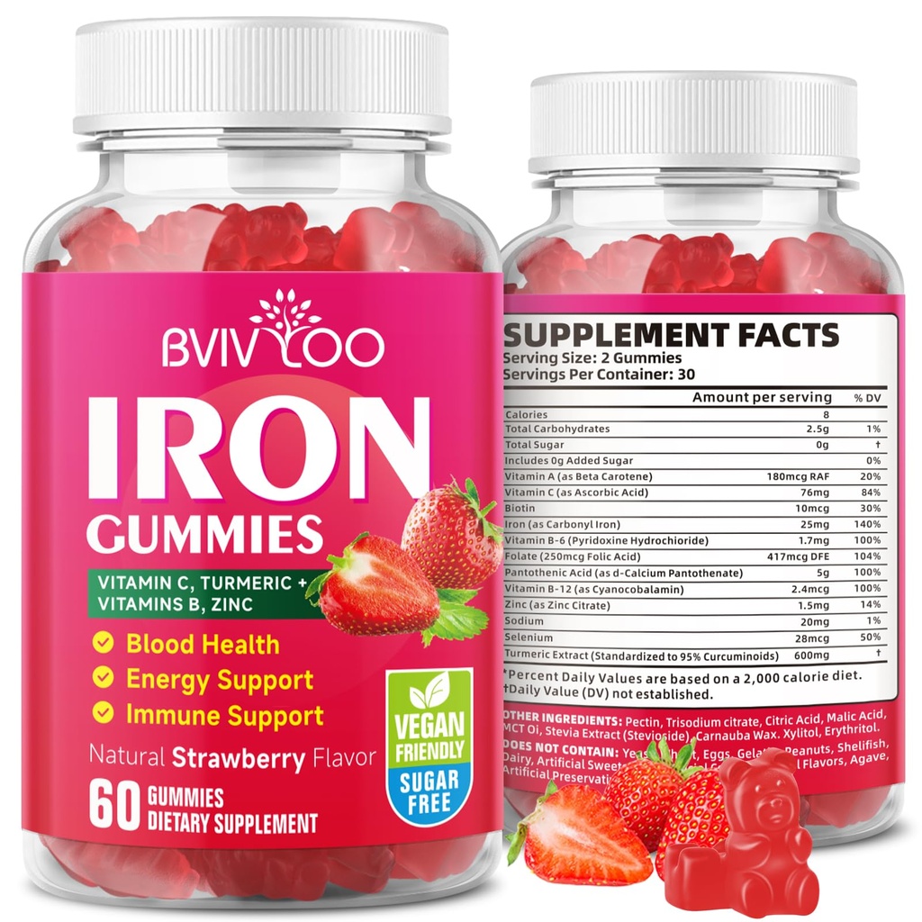 Vegan ve Çocuklar için Vegan Demir Gummies - C vitamini, A, B-Complex, Folate, çinko ve Biotin - Blood Building & Energy Support için, 60 Gummies