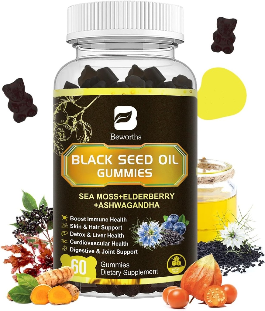 Black Seed Oil & Sea Moss Gummies | İrlandalı Deniz Moss Gummy with Ashwagandha, Black Seed Oil, Elderberry, Turmeric, Vitamin D3, C, çinko - Destek Immunity, Commons, Digestion, Hair Growth - 60