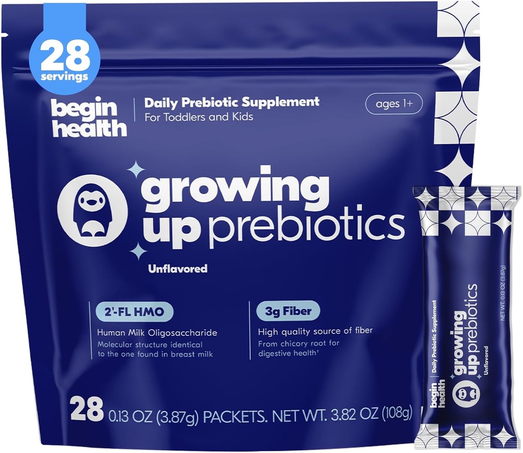 Begin Health Growing Up Prebiotics for Kids 28-Packs | Prebiotic Soluble Powder Stool Softeners and Digestive Gut Health Supplement | Ideal to Mix with Kids Daily Beverages and Soft Foods - Unflavored