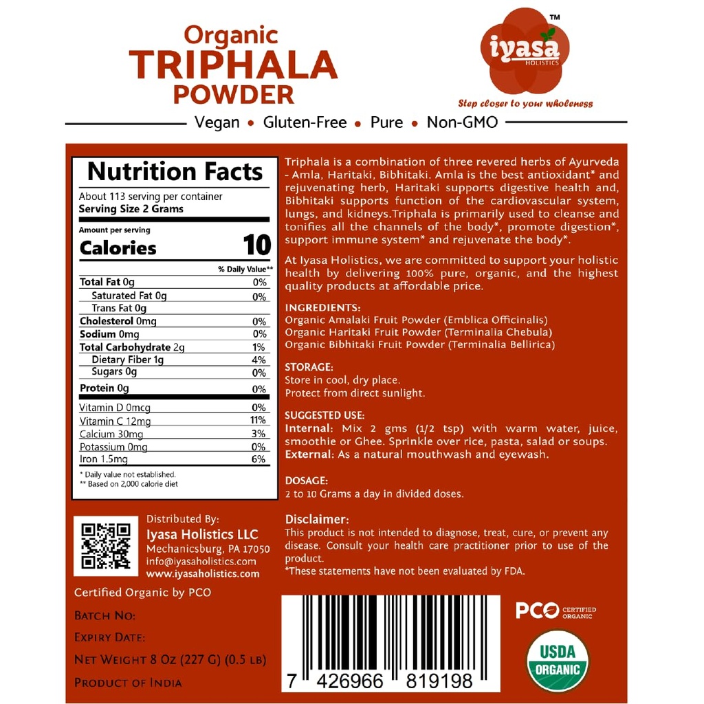 Iyasa Holistics Βιολογική σκόνη Triphala, Ayurveda Superfood, Φυσικό Detox σώματος, Bowel Καθαριστής, Herbal Laxative, 8 Ουγγιά 226 γραμμάρια