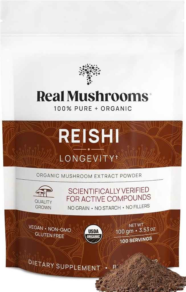Real Mushrooms Reishi Mushroom Toz - Handpicked Organic Mushroom Extracts - Red Reishi for Tranquil Daily Wellness için Doğrulanmış Beta Glucans Vegan, Non-GMO, Noj Fillers, 100 Servisler