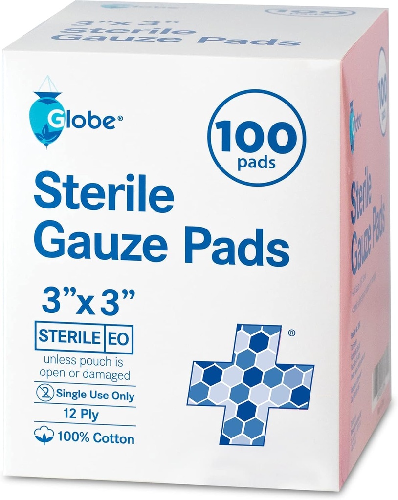 Globe 3' x 3' Advanced Sterile Gauze Pads, 100-Pack Bireysel olarak paketlendi - Yara Bakımı Giyinmek için 12Ply Cotton, Highly Absorbent Bandages for Home & Emergency Use - Travel & First Aid Kit Essential